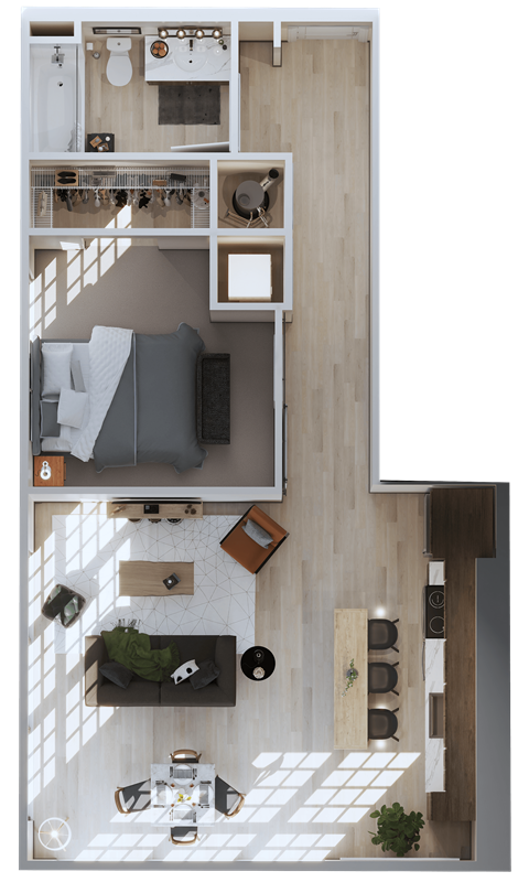 Floor plan for 1 bed, 1 bath, 747 sqft